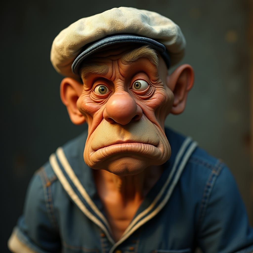 Elderly Popeye Close-Up: Melancholic Whimsy in Golden Light