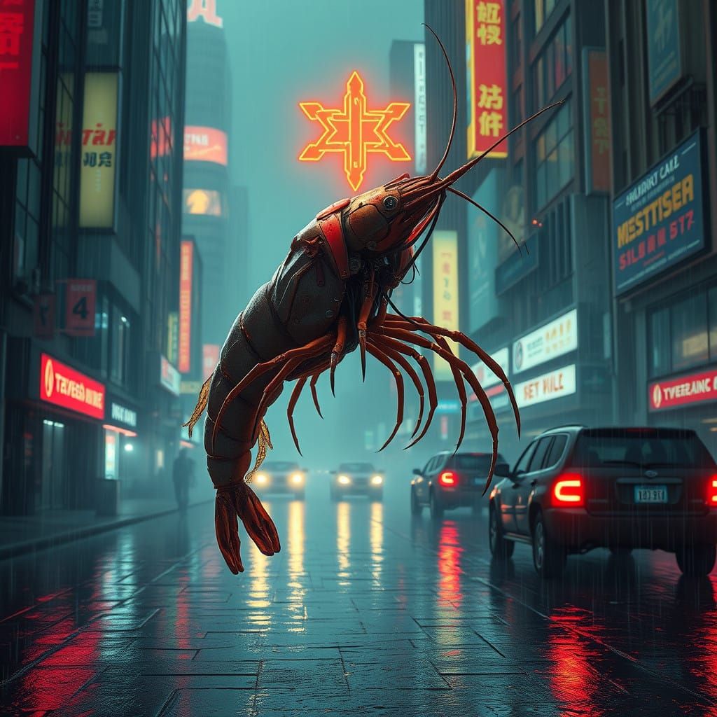 Cybernetic Shrimp Messiah in Dystopian Cityscape