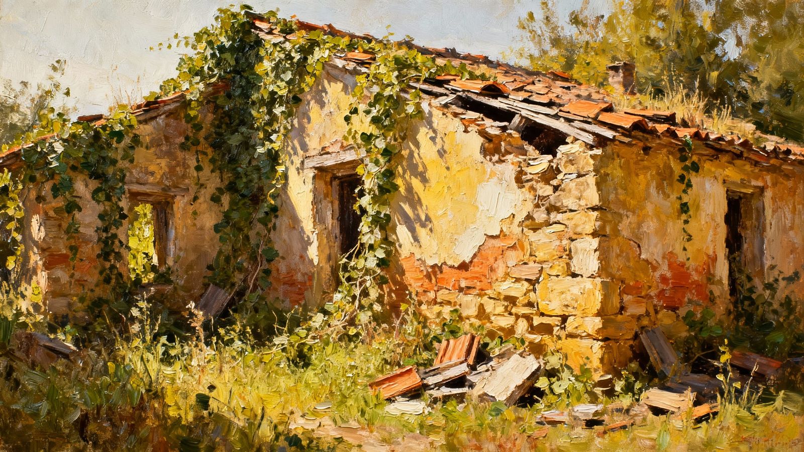 Overgrown Stone House Ruin in Impasto Style