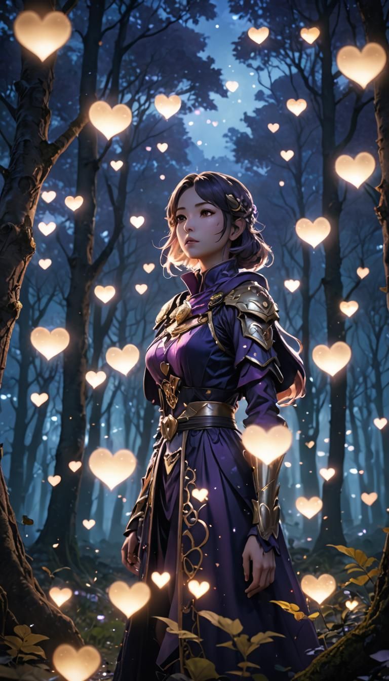 Woman Surrounded by Glowing Hearts in Anime Style