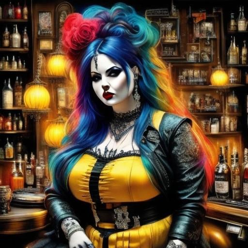 Goth Woman in Biker Bar, Oil Paint Fantasy