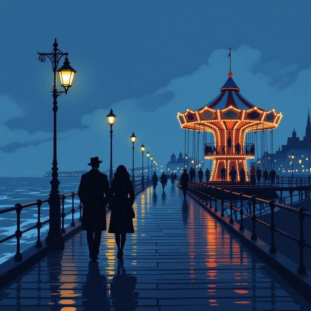 Victorian Pier at Dusk in Lowry Style