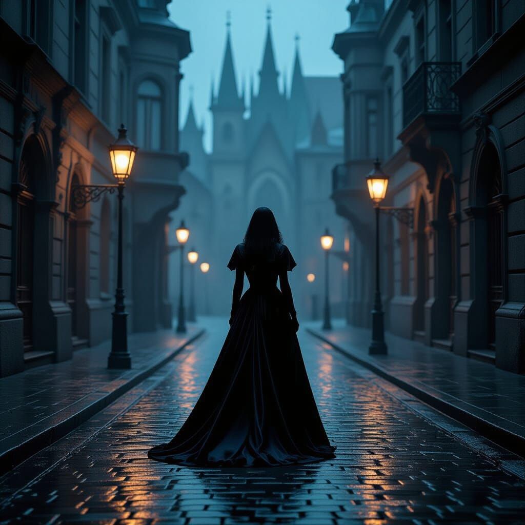 Gothic Woman on Rain-Slicked Street in Eerie Gaslight