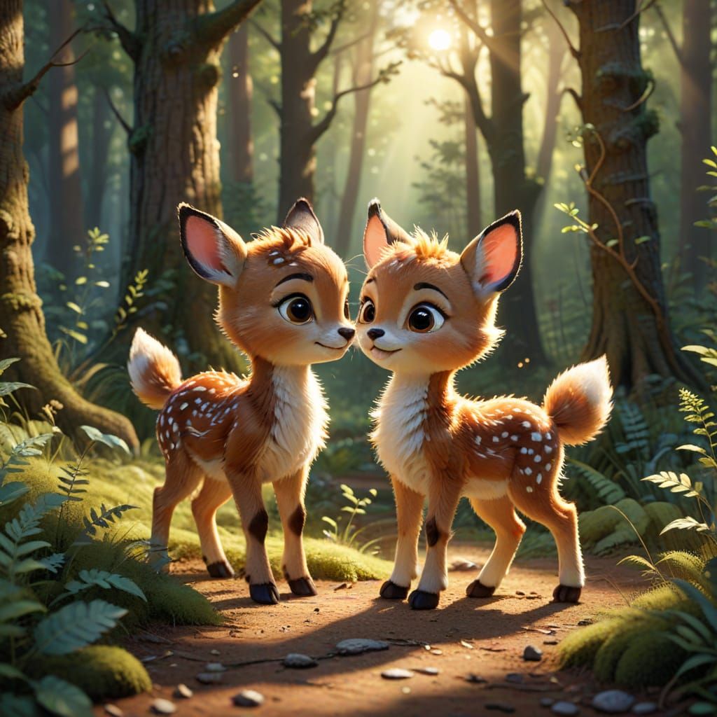 Semi-Realistic Pixar Friends Playing in Whimsical Forest