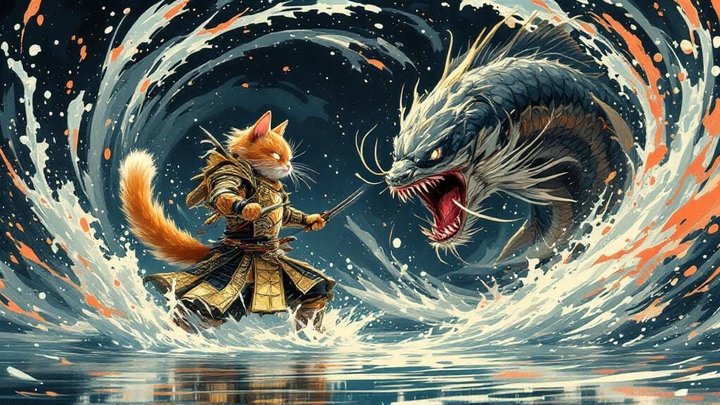 Samurai Cat Battles Demon Fish in Ukiyo-e Style