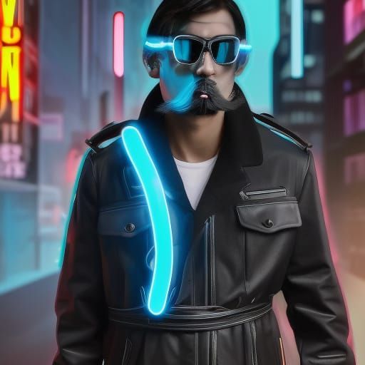 Cyberpunk Man with Neon Lights and Metal Arm