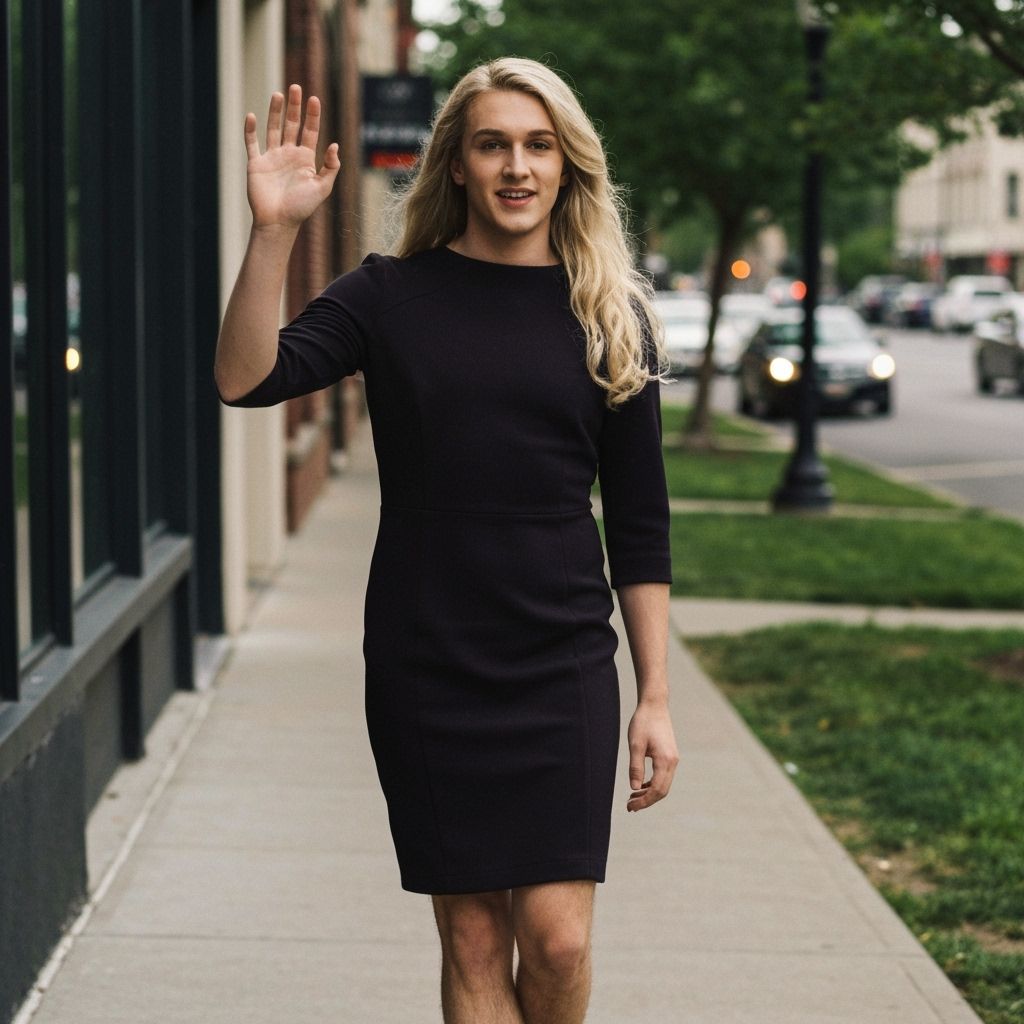 Man in Sheath Dress Waving on Sidewalk