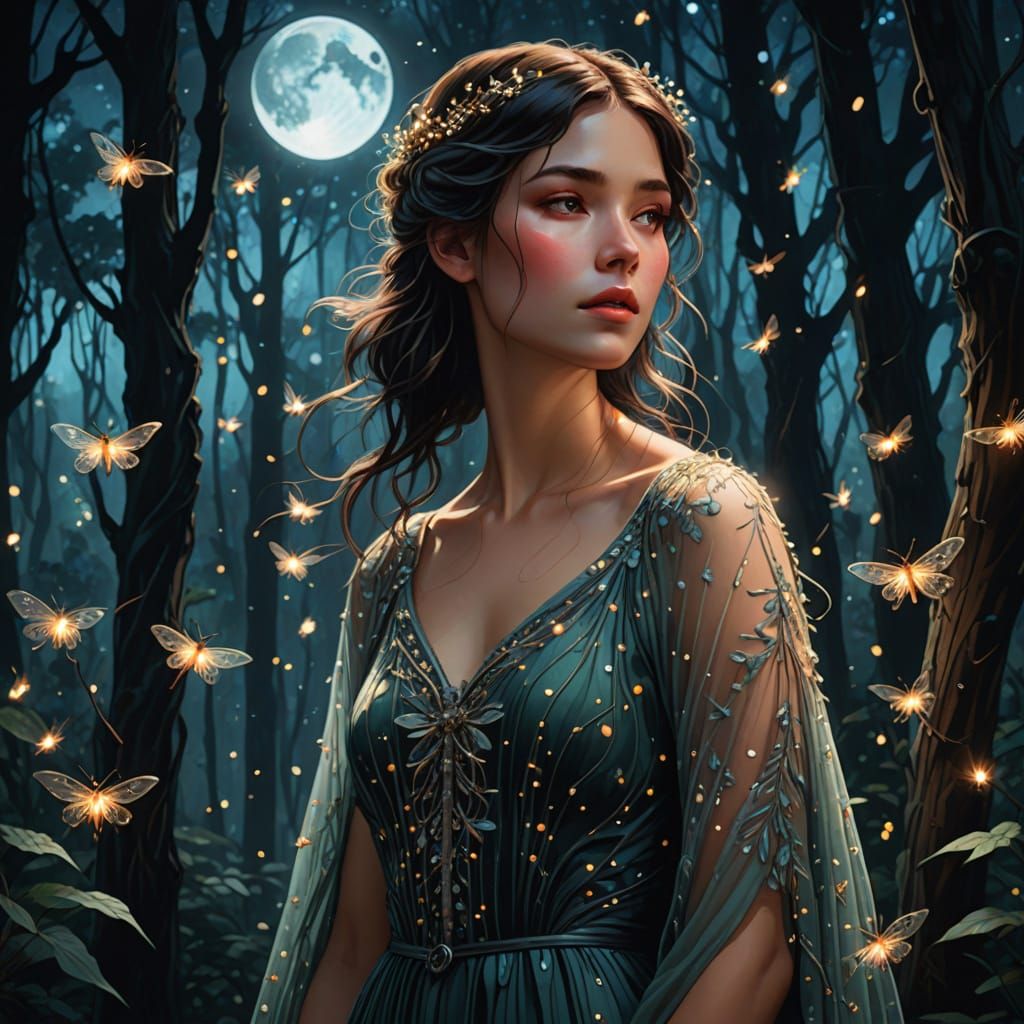 Ethereal Forest Lady in Moonlight, Hyperrealistic Digital Ar...