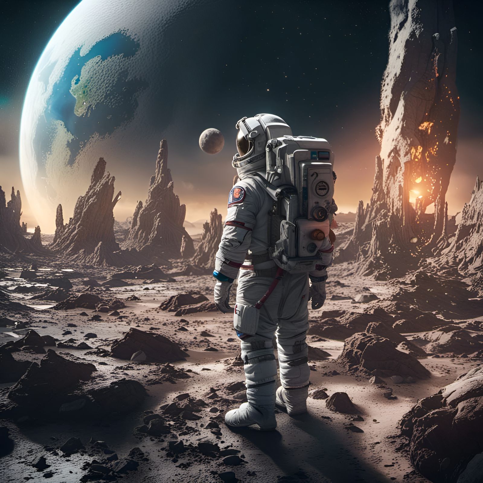 Astronaut on Moon with Destroyed Planet in Matte Painting