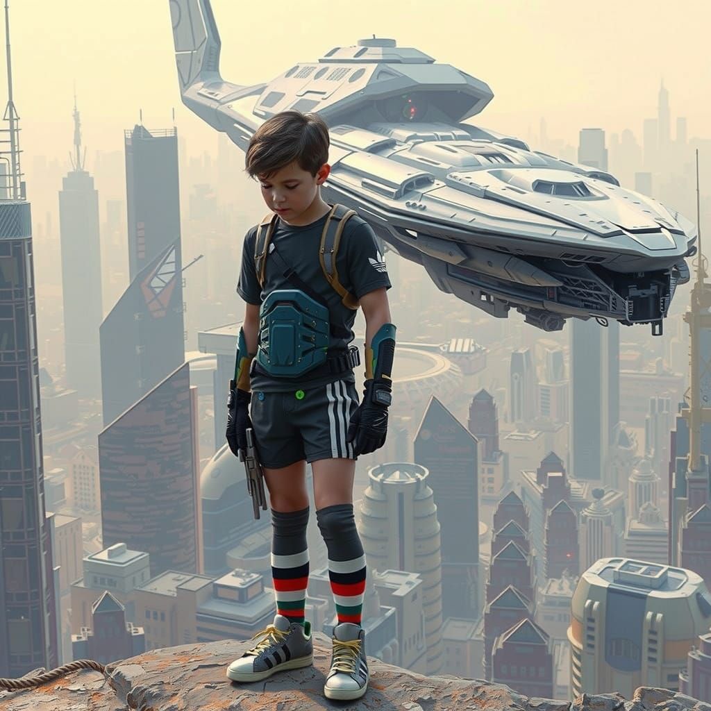 Boy in Cyberpunk Cityscape with Armored Soldier