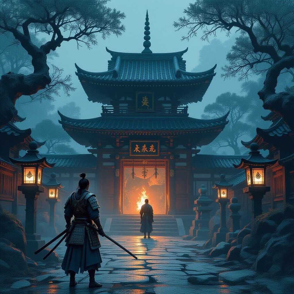 Samurai Guardian at Yokai Temple: Dark Fantasy Art