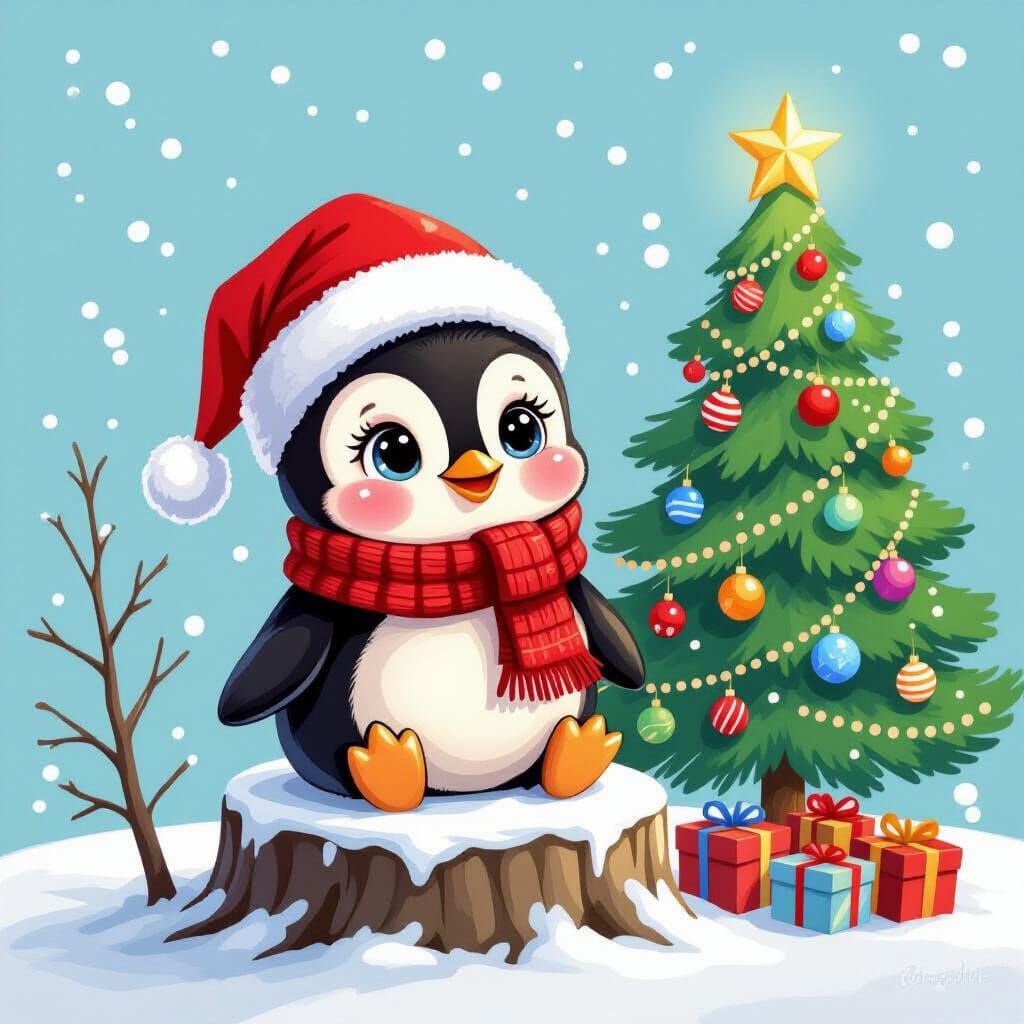 Cute Baby Penguin in Santa Hat and Scarf