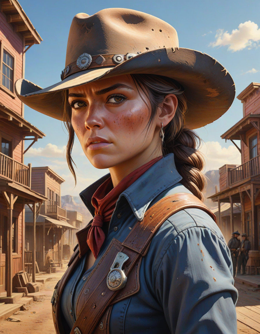 Daring Female Gunslinger in a Colorful Wild West Town