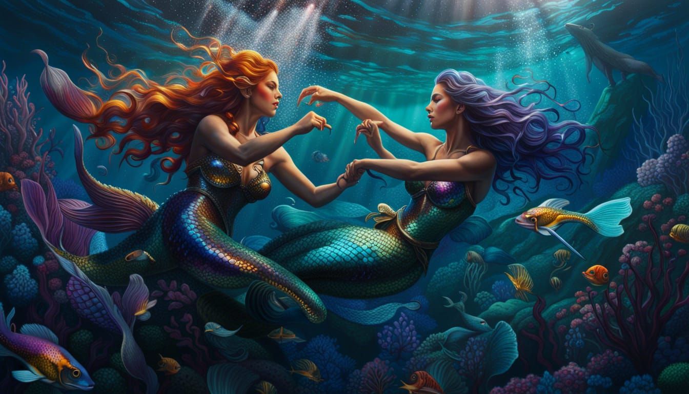 Photorealistic Mermaid Battle in the Deep Sea