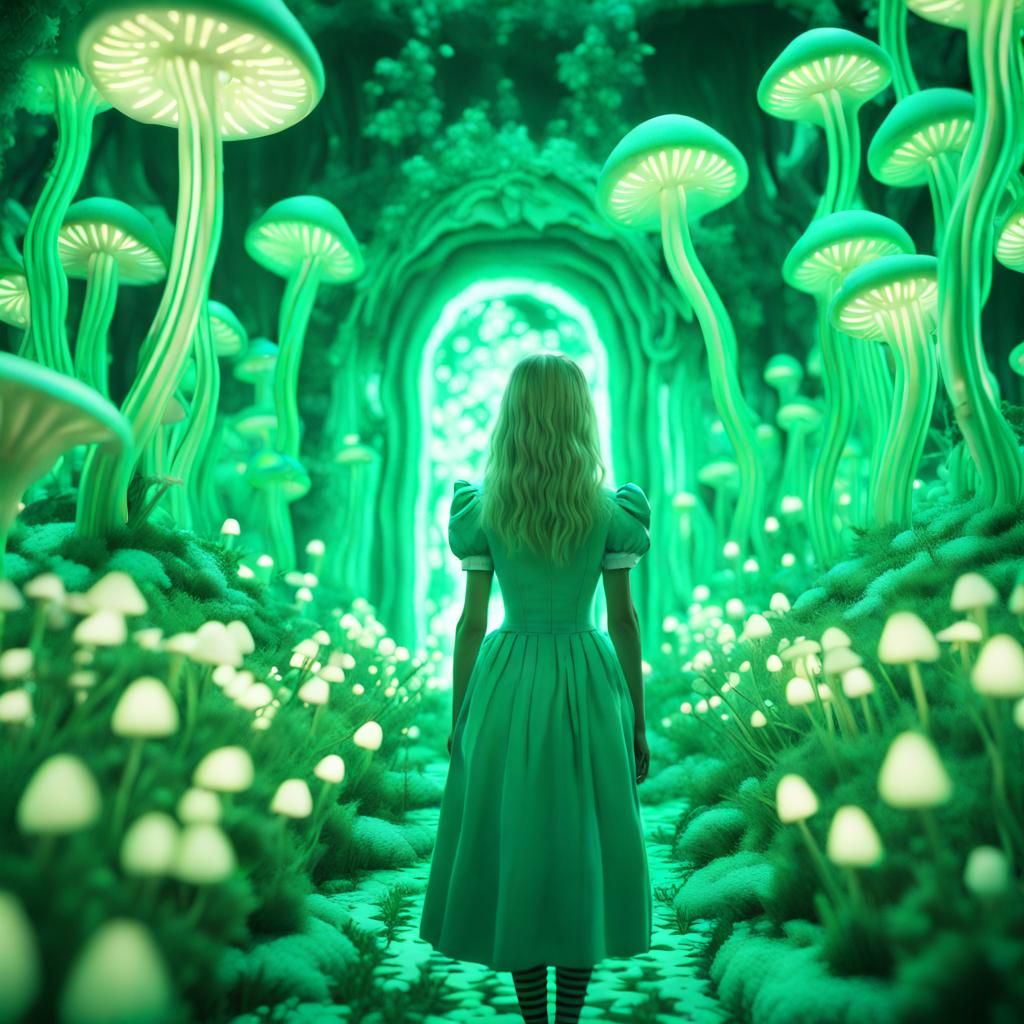 Alice in Wonderland in Bioluminescent Mushroom Maze