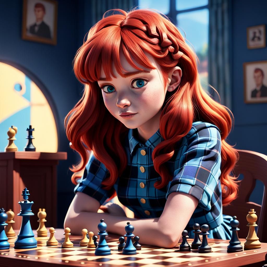 Red-Haired Woman Plays Chess in 3D Style