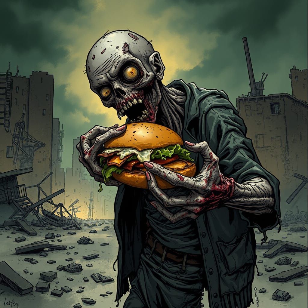 Undead Zombie Devours Last Meal in Ruined City