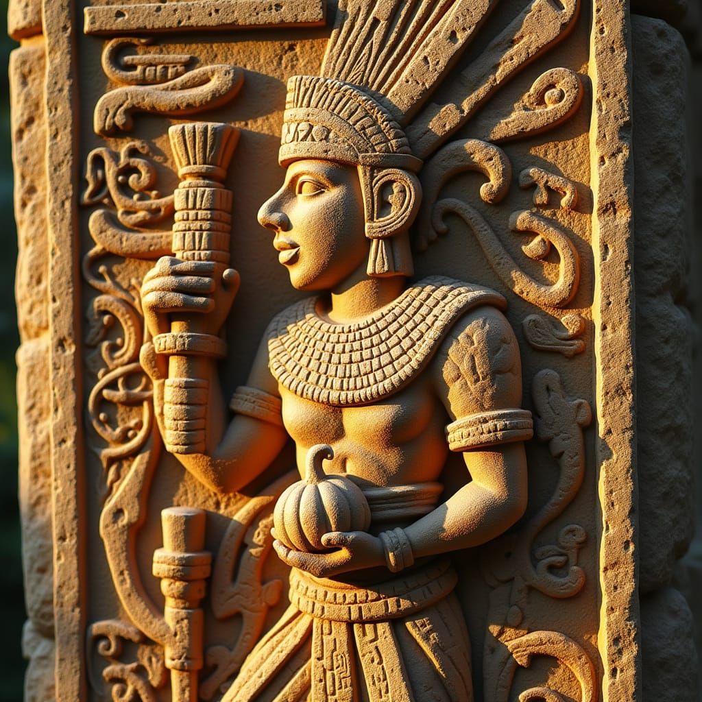 Mayan Deity Stone Carving in Mesoamerican Style
