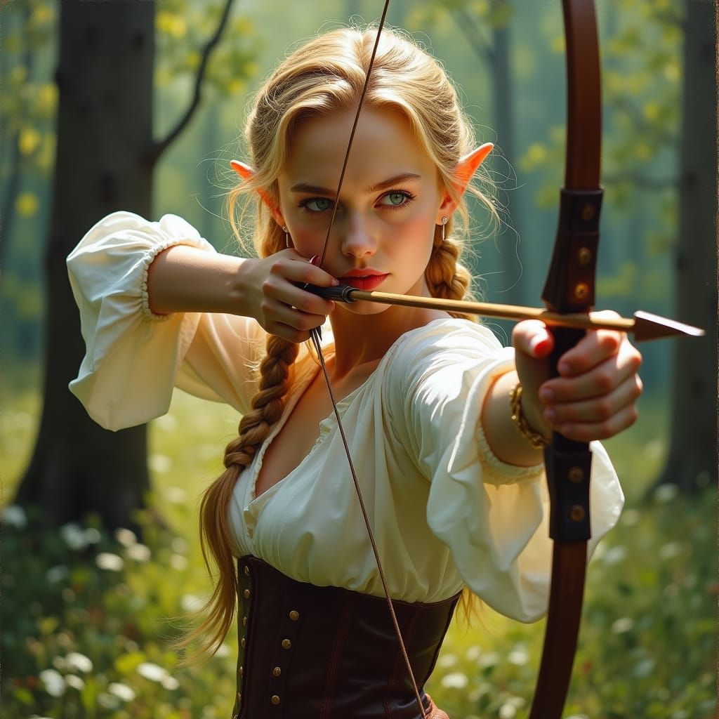 Blond Elf Archer in Sunlit Forest Oil Portrait