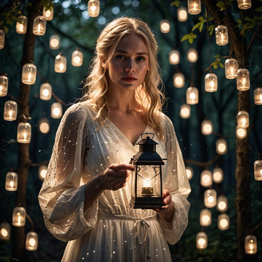 Woman with Lantern in Firefly Landscape, CGI Art