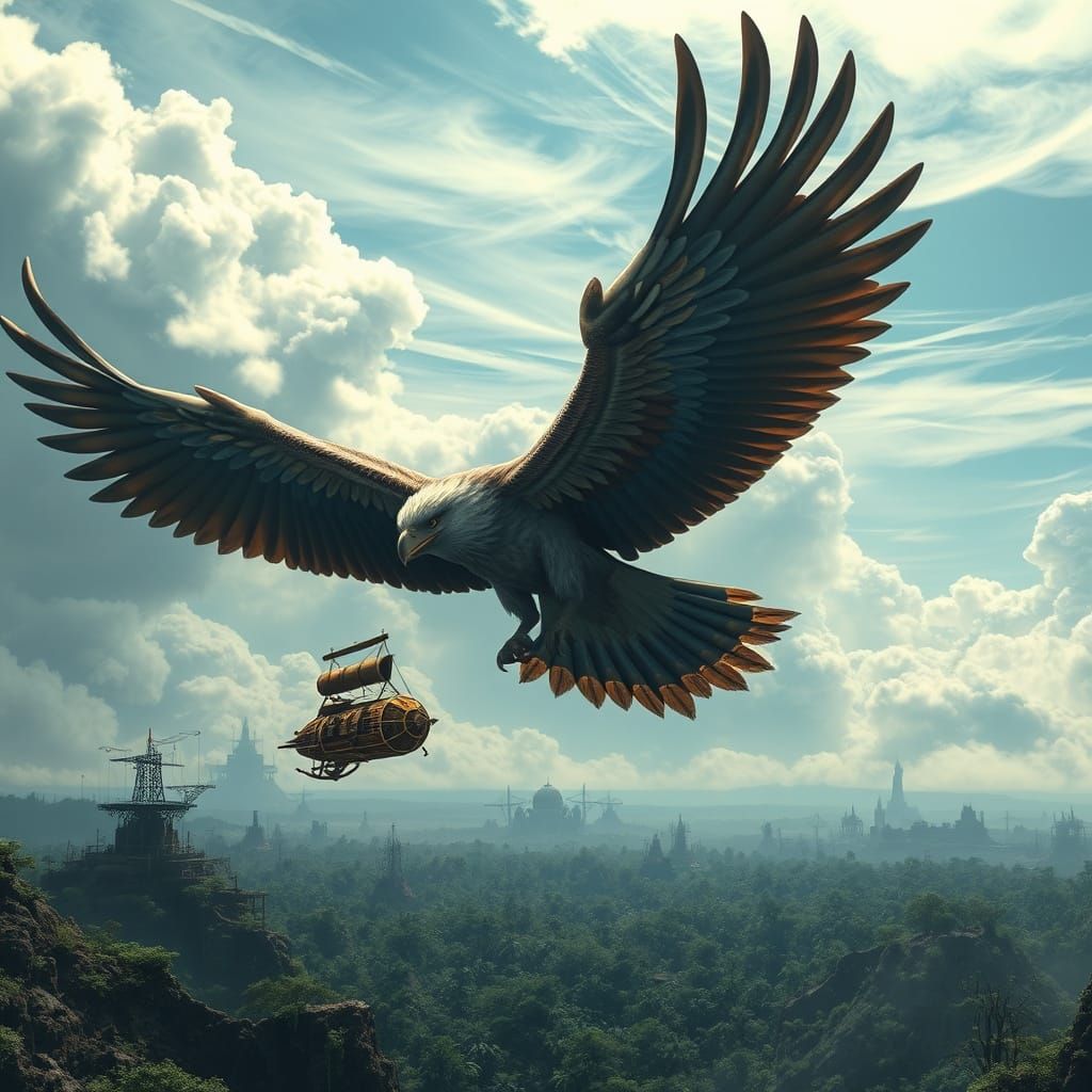 Griffin Soaring Through Skies of Floating Islands