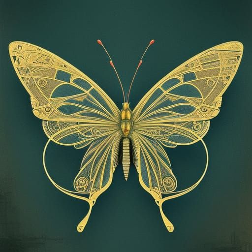 Steampunk Butterfly Schematic in Liquid Oil Blueprint Style