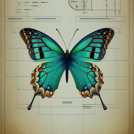 Steampunk Butterfly Blueprint in Leonardo da Vinci Style