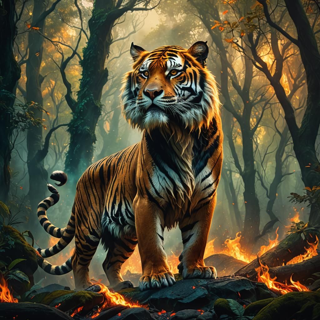 Majestic Fire Tiger in Mystical Forest: Digital Matte Painti...