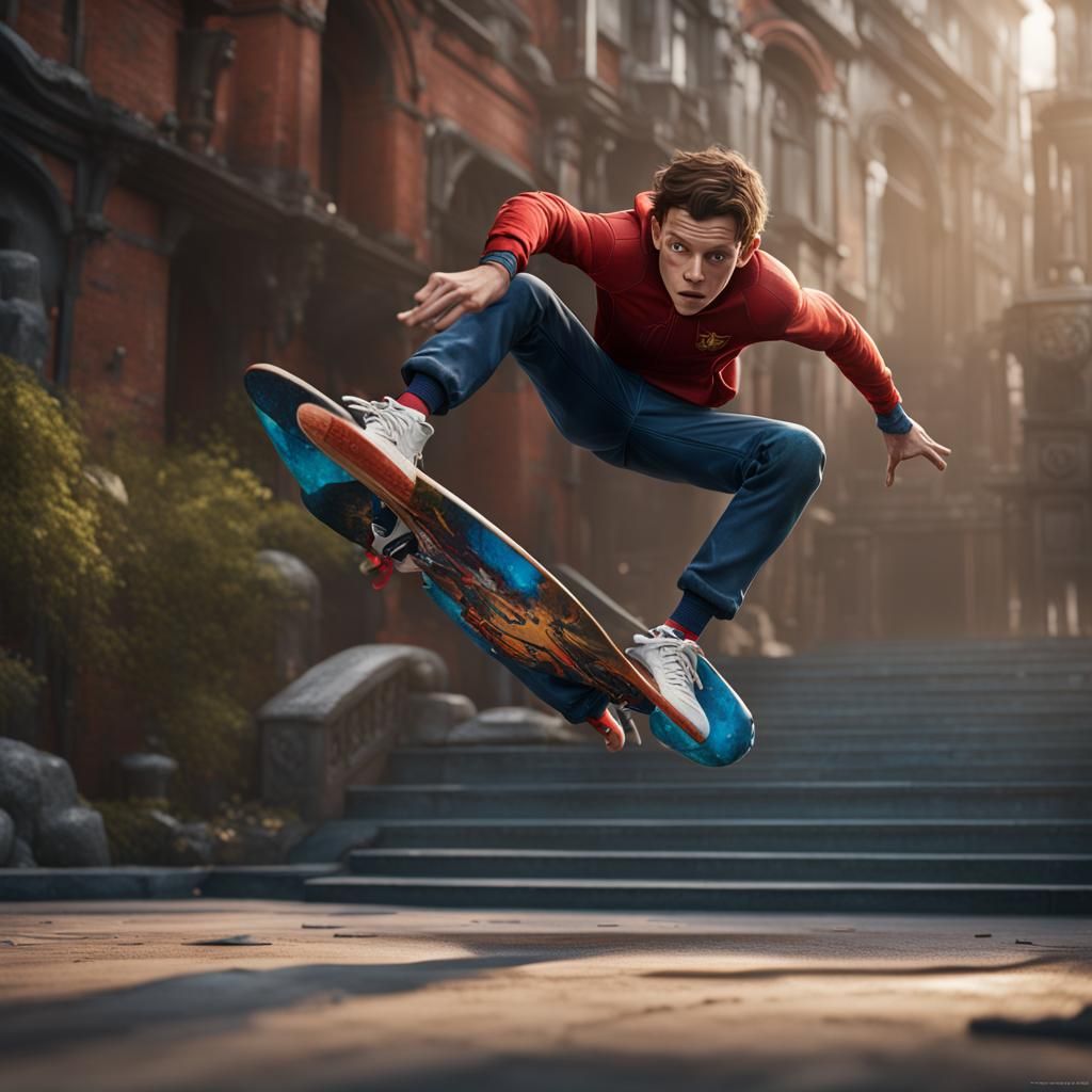 Tom Holland Kickflip in Detailed Matte Painting Style