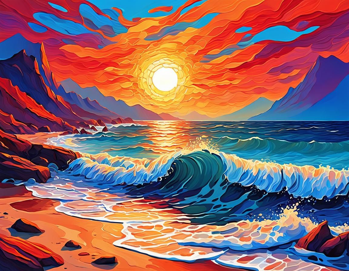 Impressionist Sunset Beach with Crashing Waves