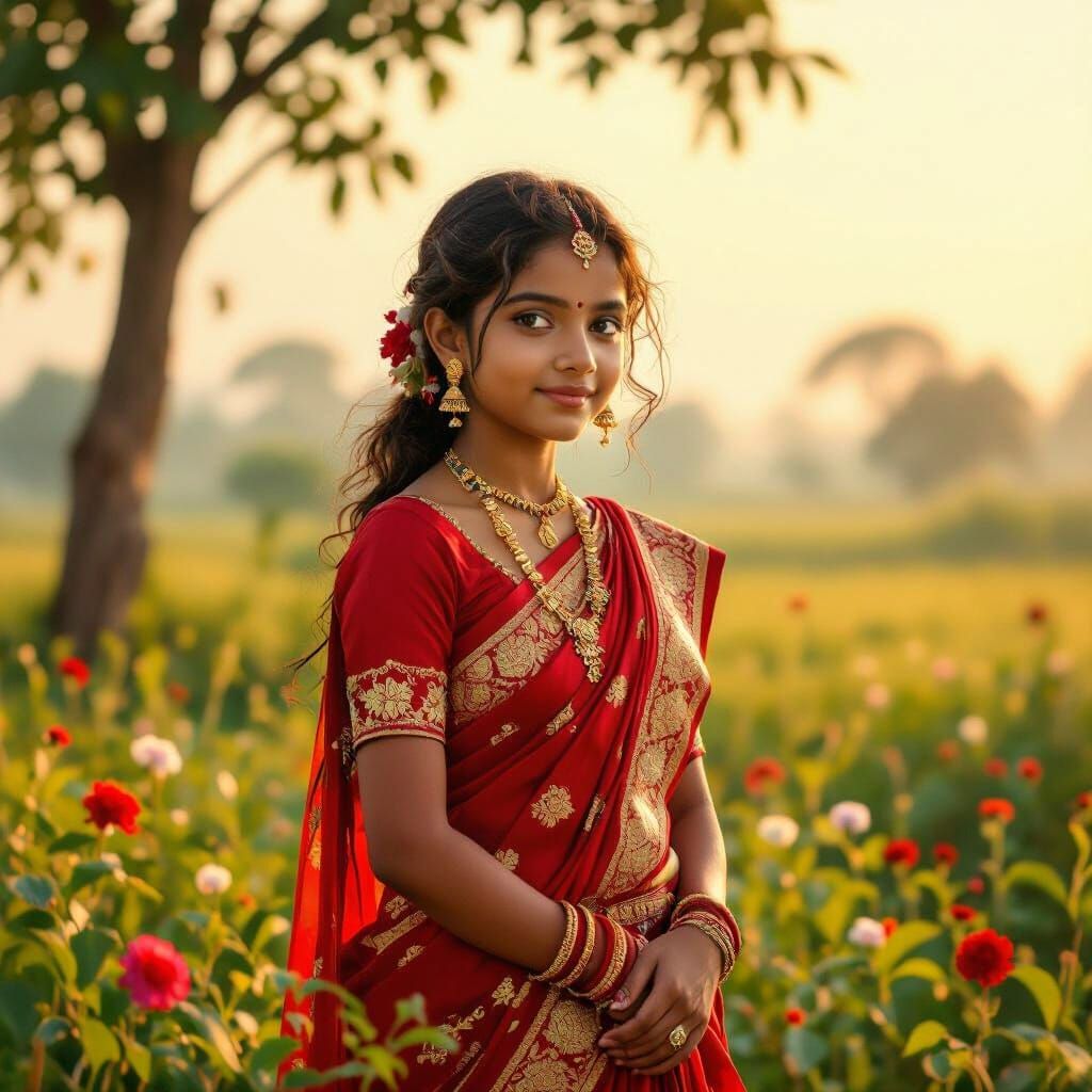 Bengali Girl Greets Sunrise in Traditional Saree