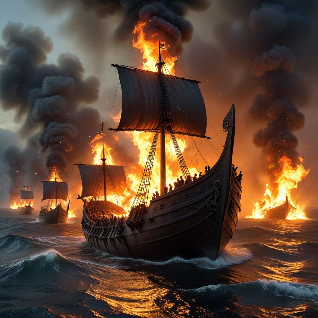 Viking Ships Engulfed in Flames