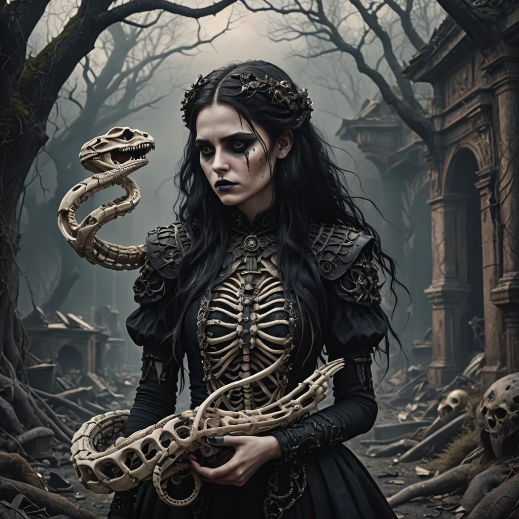 Gothic Girl with Snake Skeleton: Digital Matte Painting