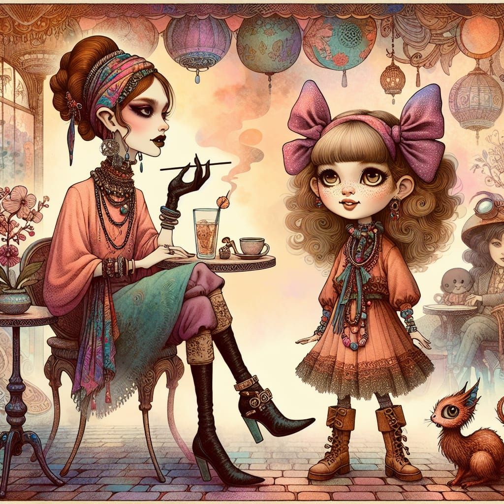 Surreal Caricature of Bohemian Women in Steampunk Cafe