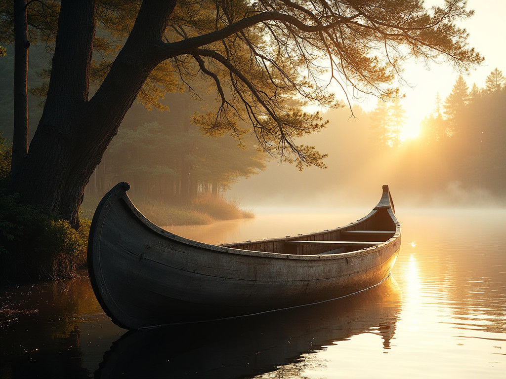 Weathered Canoe on Calm Lake in Black and White