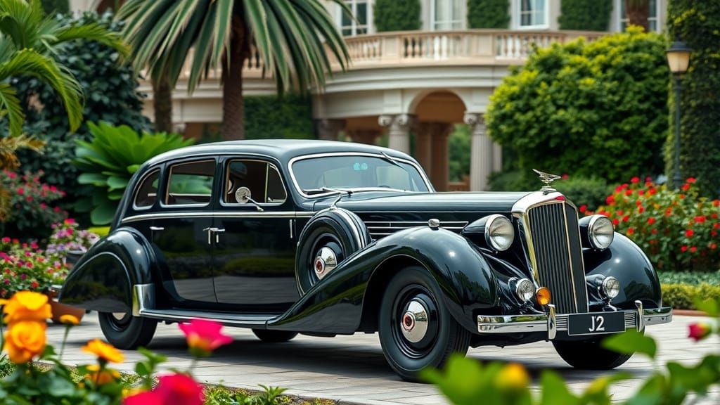1938 Limousine in Sleek Luxury Garden, Professional Photo