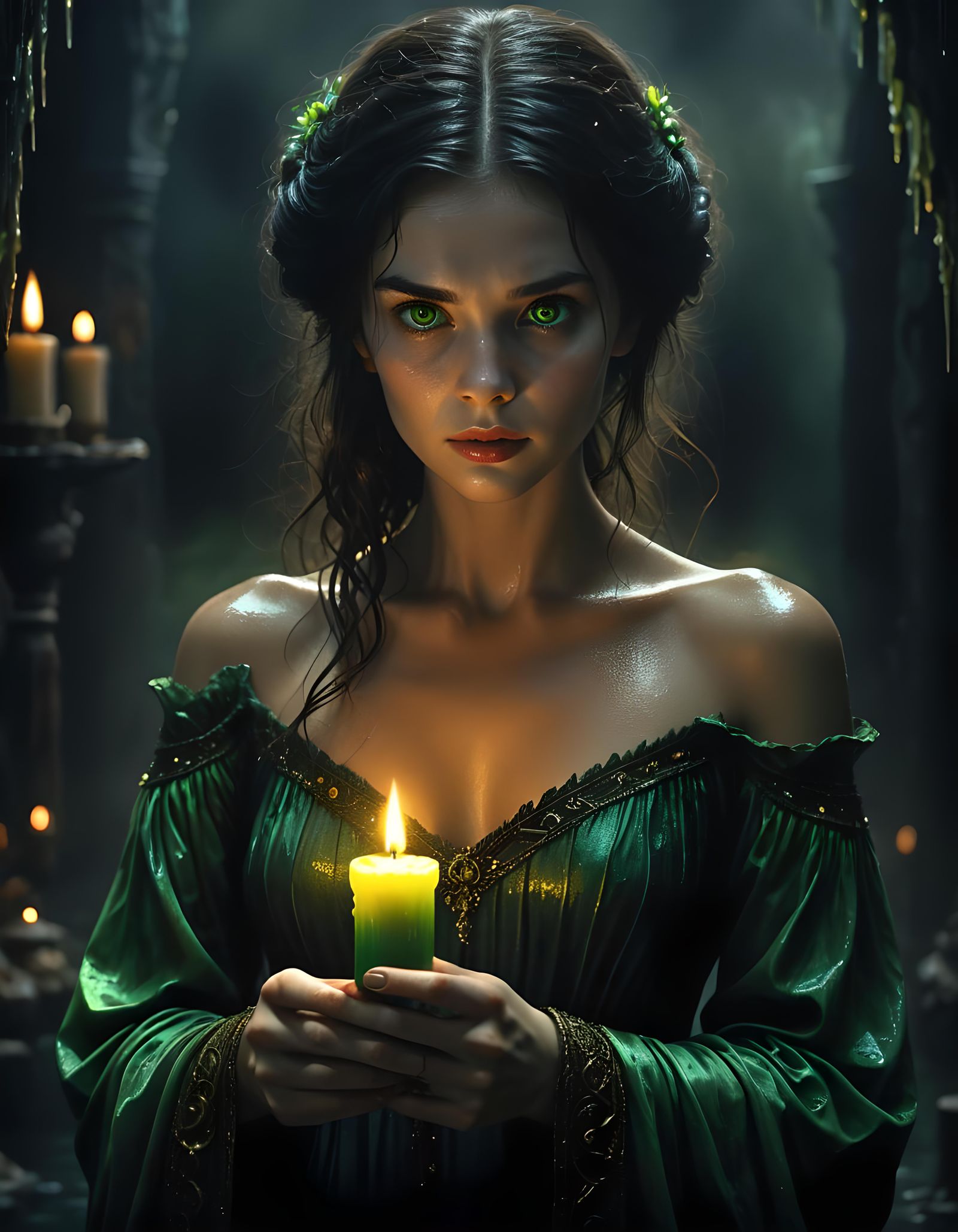 Woman Emerging from Darkness with Candlelight