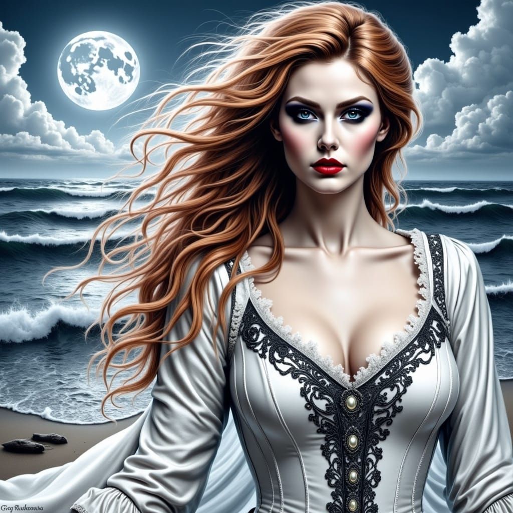 Gothic Redhead in Victorian Dress Under Moonlight