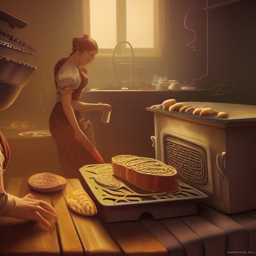 Woman Baking Bread: Detailed Fantasy Art