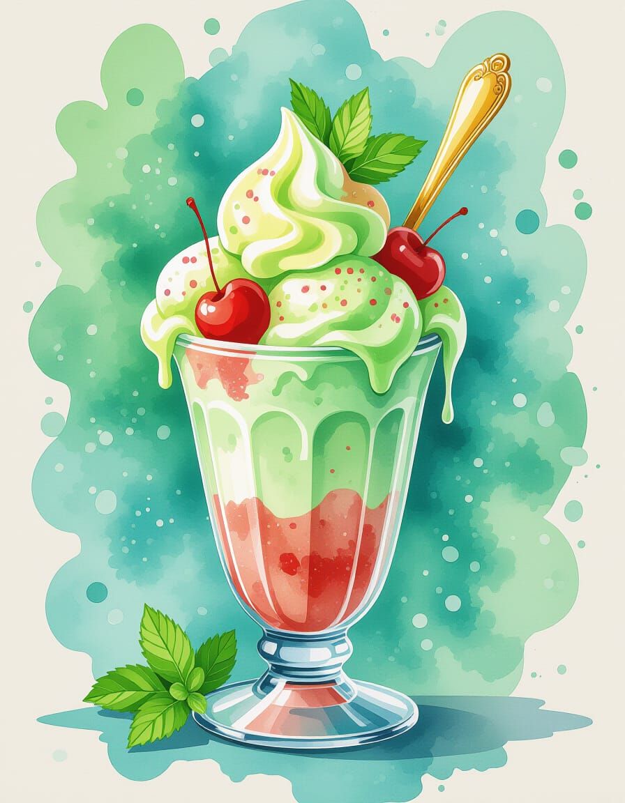 Green Melon Ice Cream Soda in Watercolor Style