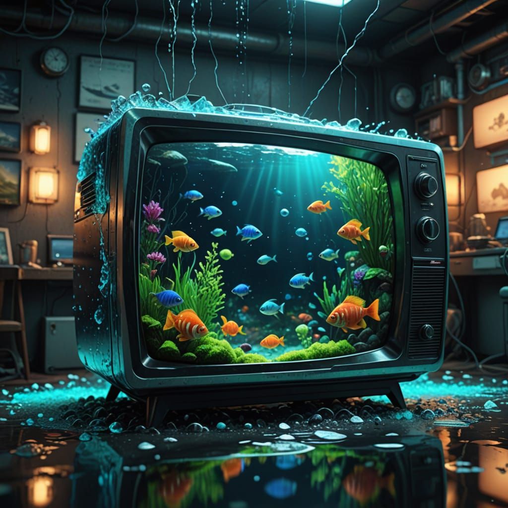 Surreal TV Aquarium with Vibrant Neon Hues and Glowing Accen...
