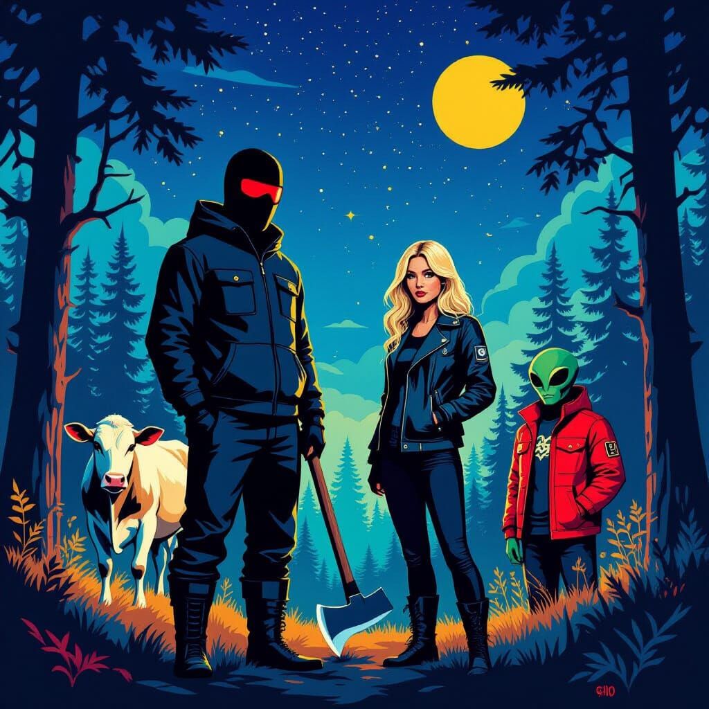 Mystical Forest Scene with Figures and Cow in Pop Art Style