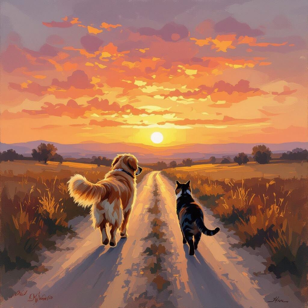 Golden Retriever and Tabby Cat on Sunset Road