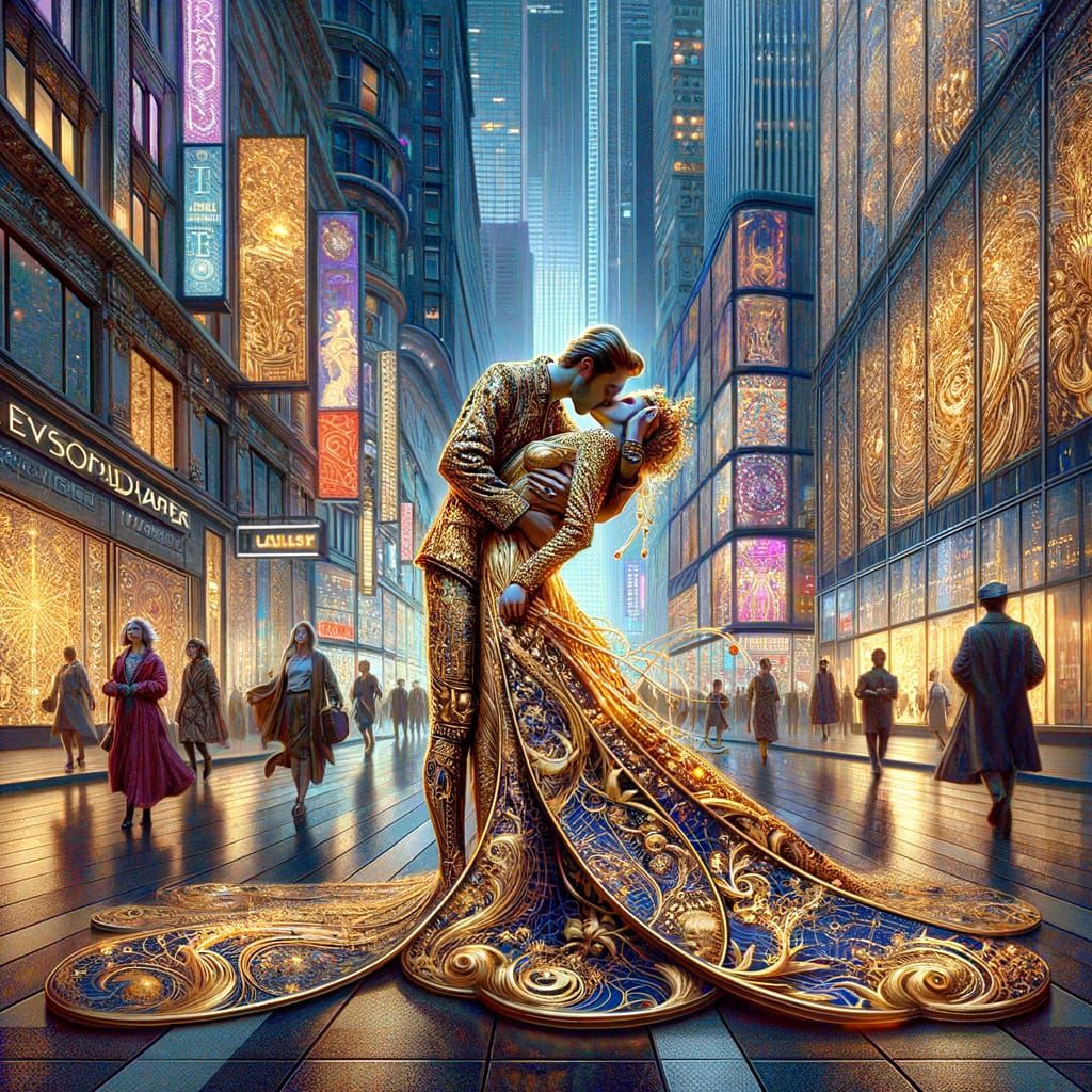 Love in the City: A Modern Kiss in Klimt's Style