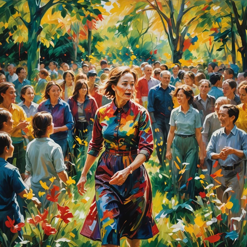 Abstract Expressionism: Woman in Garden with Uplifting Peopl...