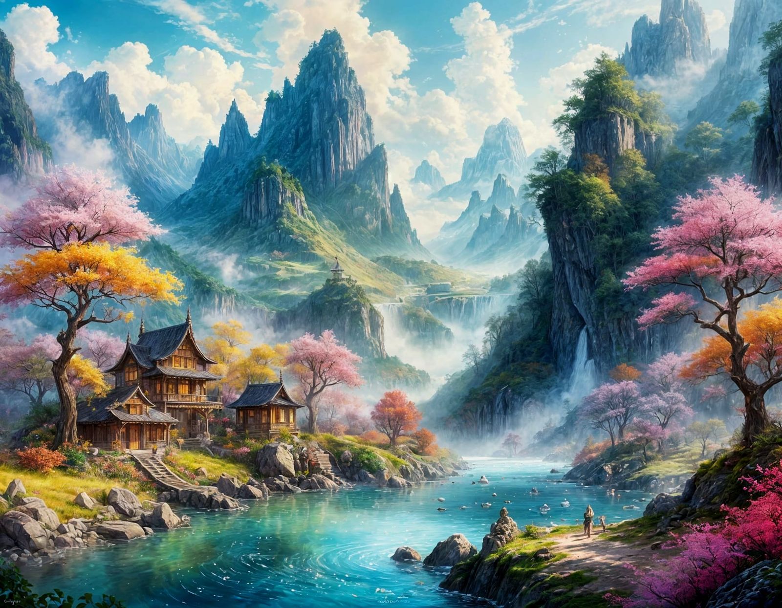 Vibrant Fantasy Watercolor Scene in Digital Art