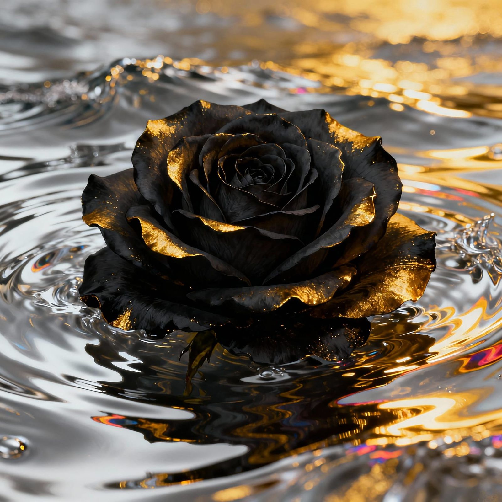 Detailed Black Rose in Liquid Silver Sea
