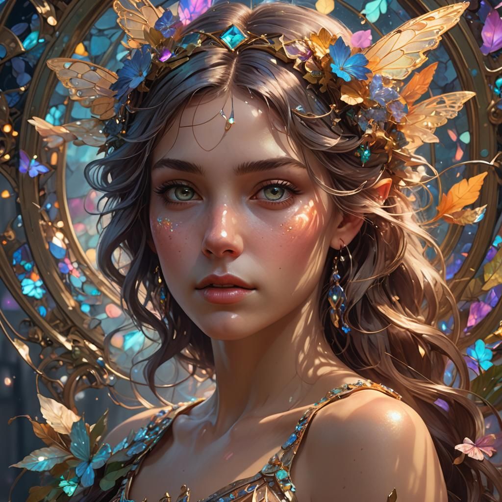 Shimmering Fairy Woman Portrait in Fantasy Setting