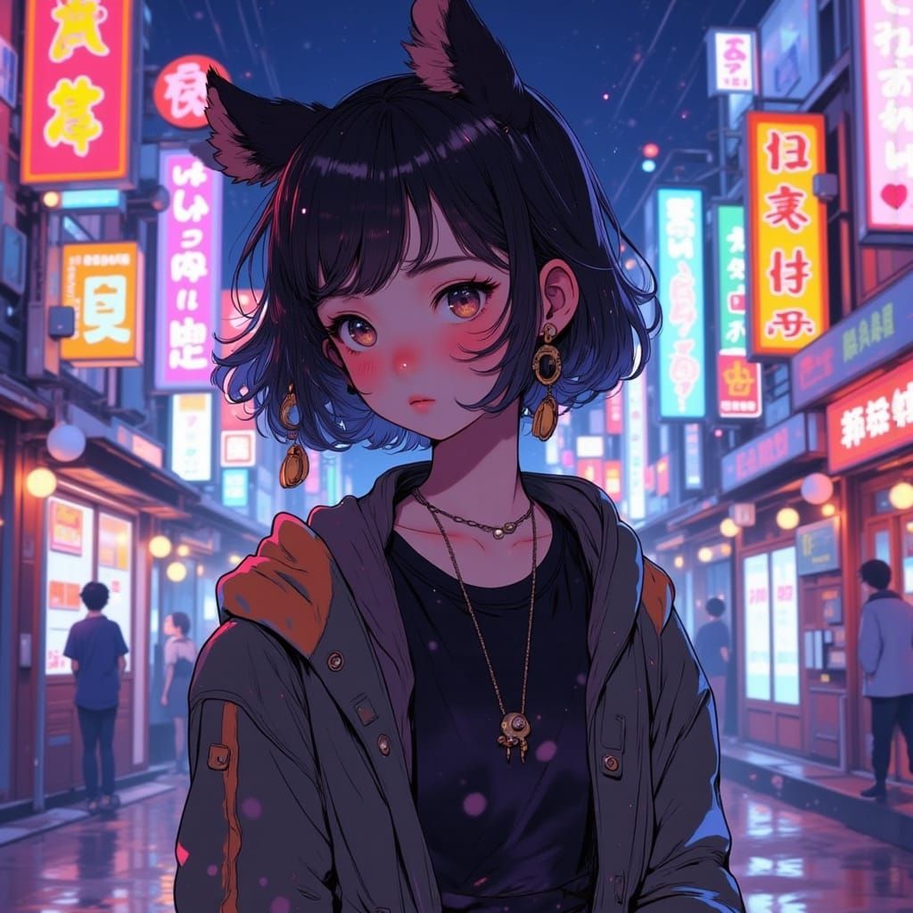 Girl Ninja with Cat Ears in Neon Japanese Street