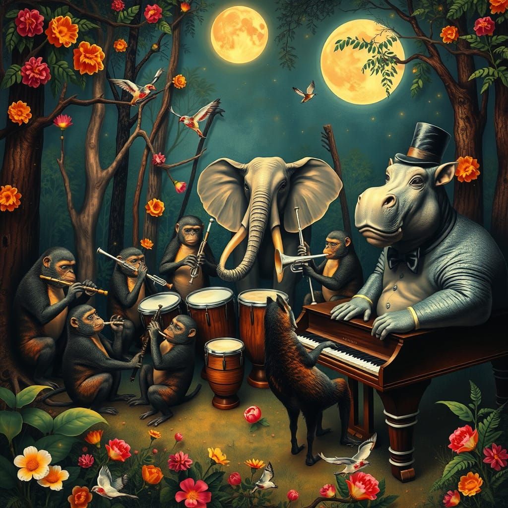 Whimsical Animal Orchestra in a Surreal Moonlit Jungle